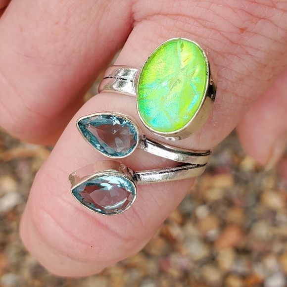 New Triplet Opal and Blue Topaz Adjustable 925 Silver Ring. - Picture 1 of 7